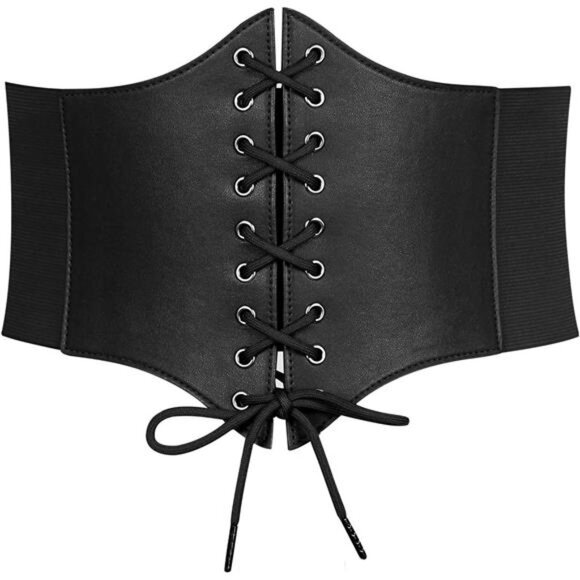🎃 Black Lace-Up Waspie Corset Belt | Elastic PU Leather Waist Cinch - Picture 1 of 1